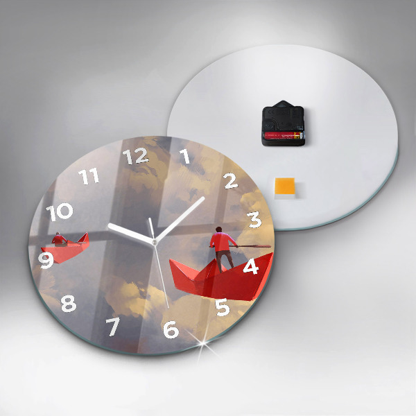Round glass clock Paper ships