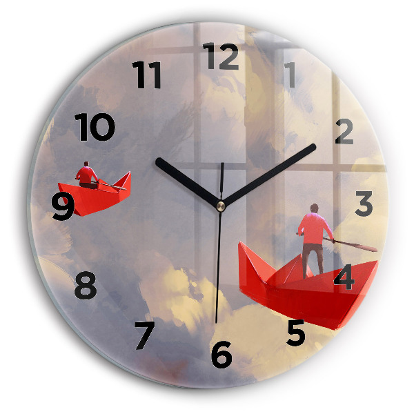 Round glass clock Paper ships