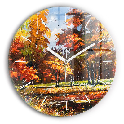 Round glass clock Autumn landscape with a river