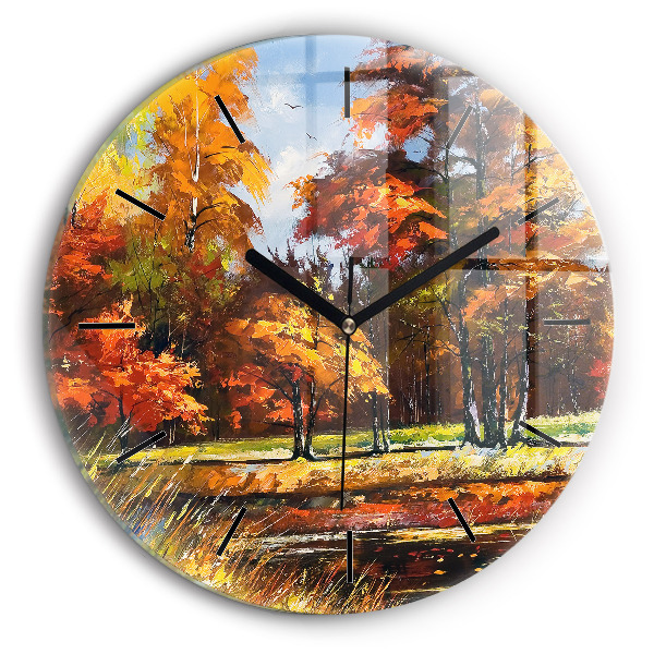 Round glass clock Autumn landscape with a river