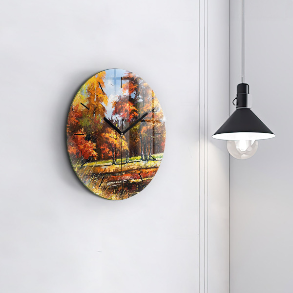 Round glass clock Autumn landscape with a river