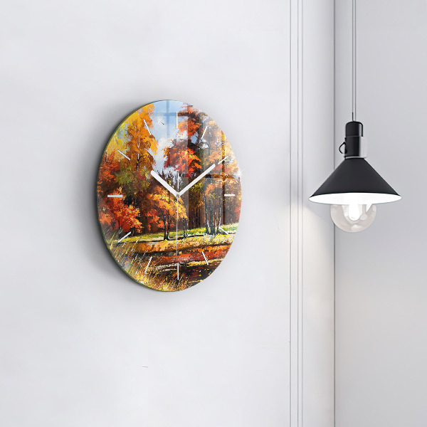 Round glass clock Autumn landscape with a river