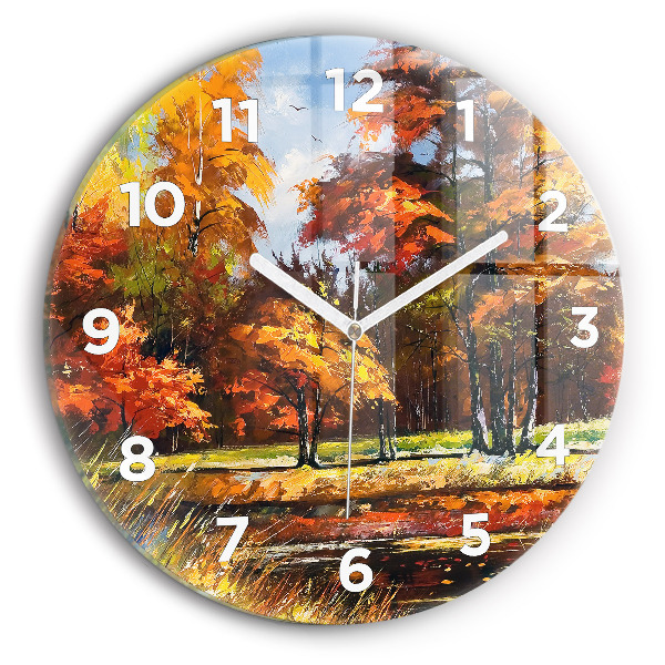 Round glass clock Autumn landscape with a river
