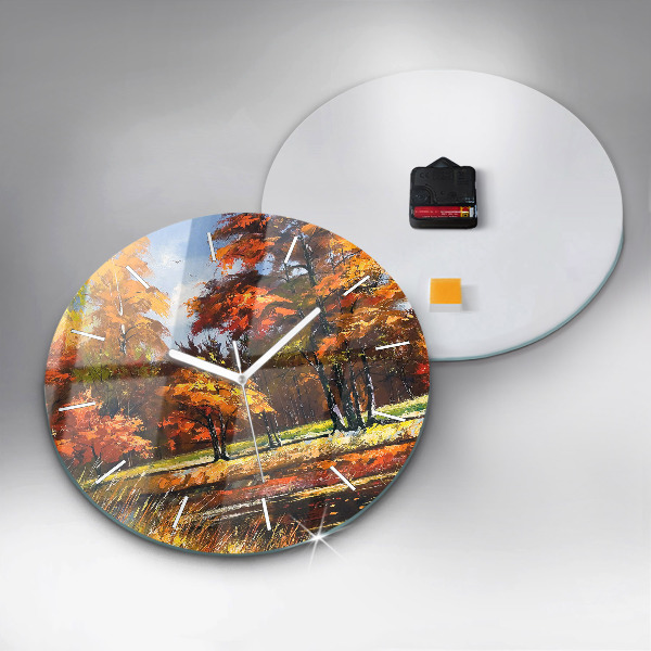 Round glass clock Autumn landscape with a river