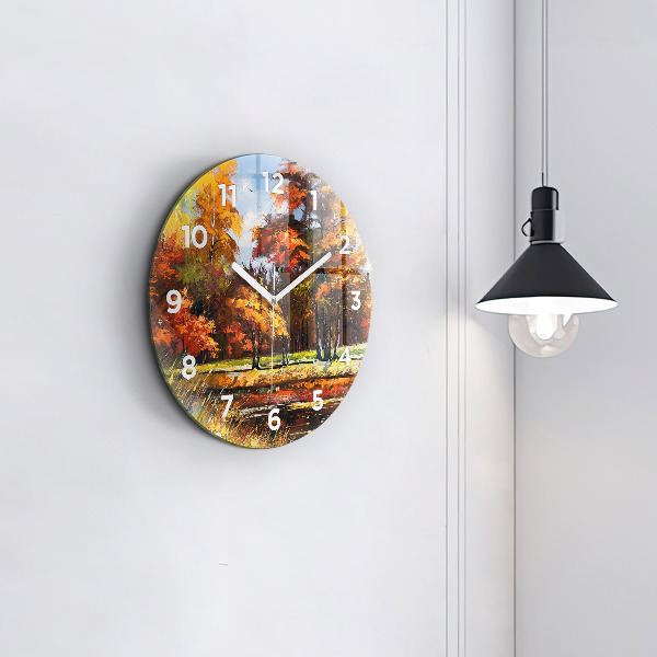 Round glass clock Autumn landscape with a river