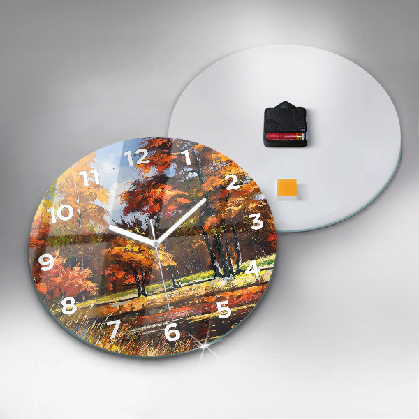 Round glass clock Autumn landscape with a river