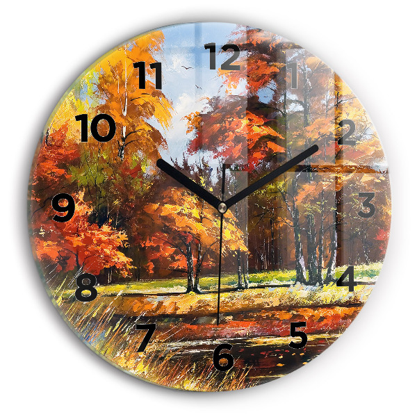 Round glass clock Autumn landscape with a river