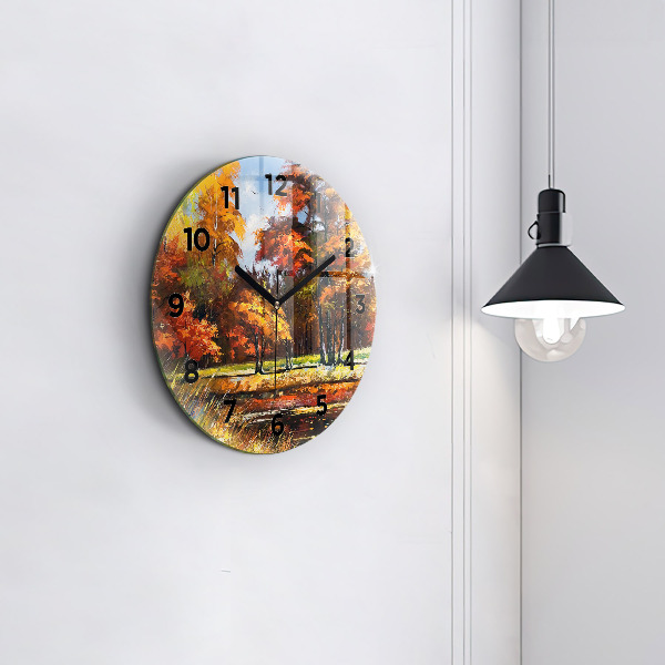 Round glass clock Autumn landscape with a river