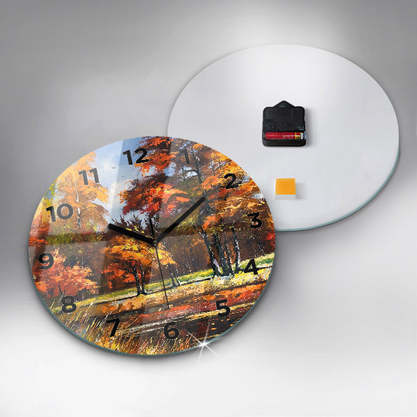 Round glass clock Autumn landscape with a river