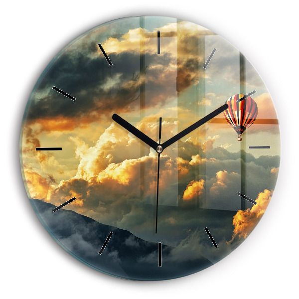 Round glass clock Balloon flight in the clouds