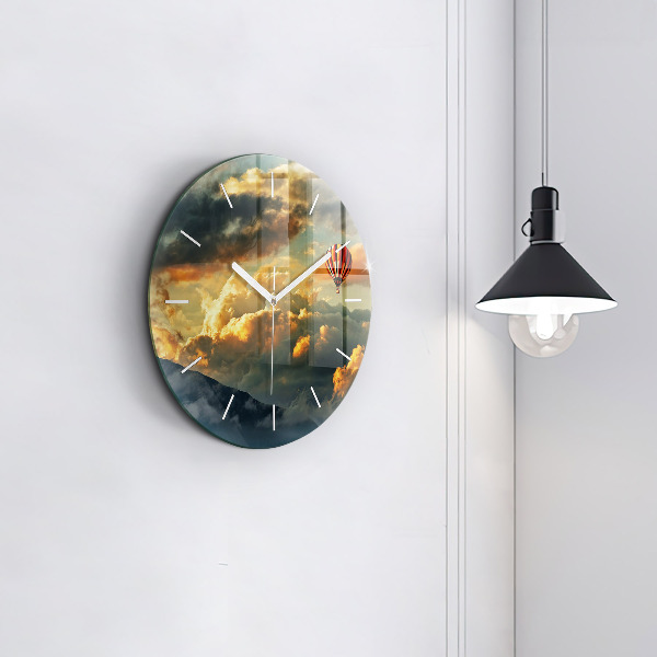 Round glass clock Balloon flight in the clouds