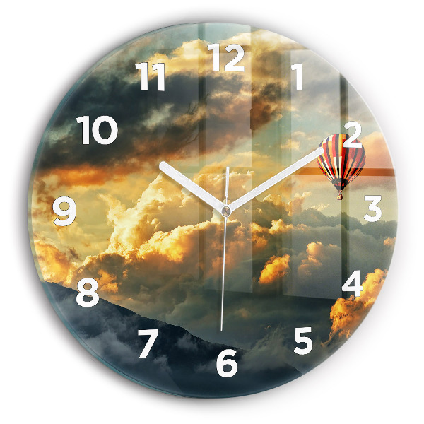 Round glass clock Balloon flight in the clouds