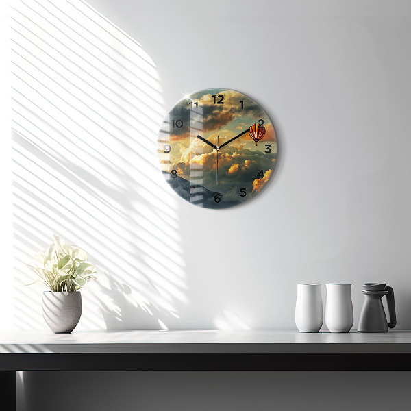 Round glass clock Balloon flight in the clouds