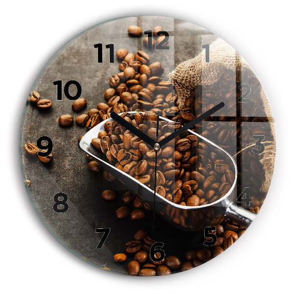 Round glass clock A bag of coffee beans