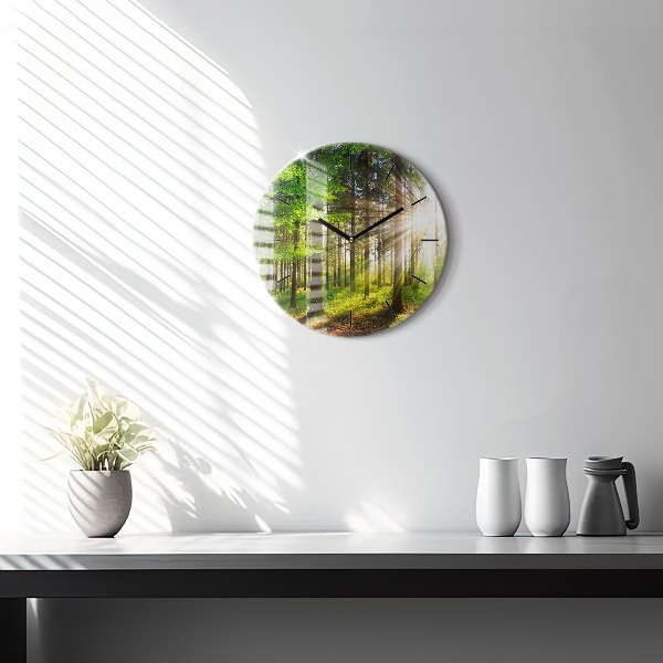 Round glass clock Forest sunrise