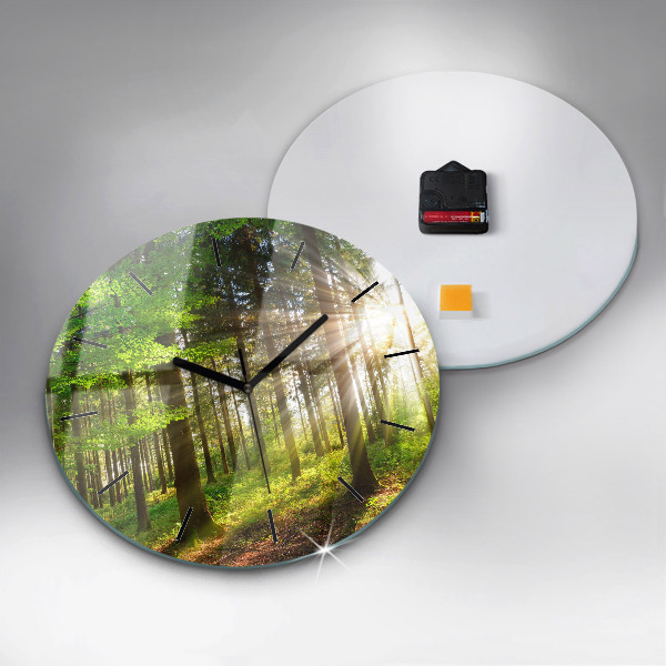 Round glass clock Forest sunrise