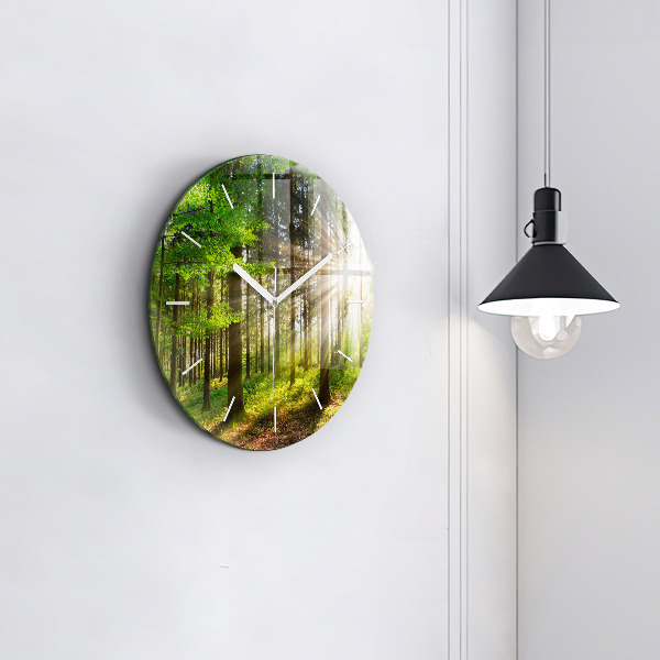 Round glass clock Forest sunrise