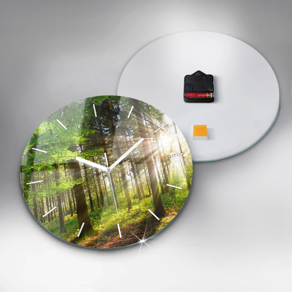 Round glass clock Forest sunrise