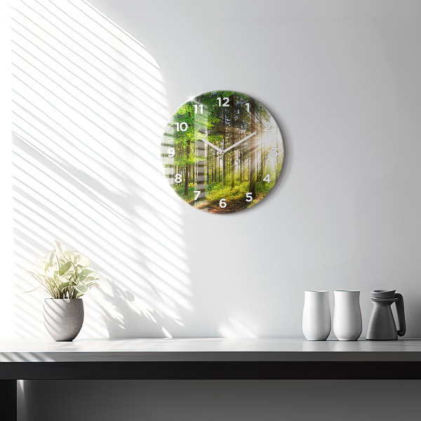 Round glass clock Forest sunrise