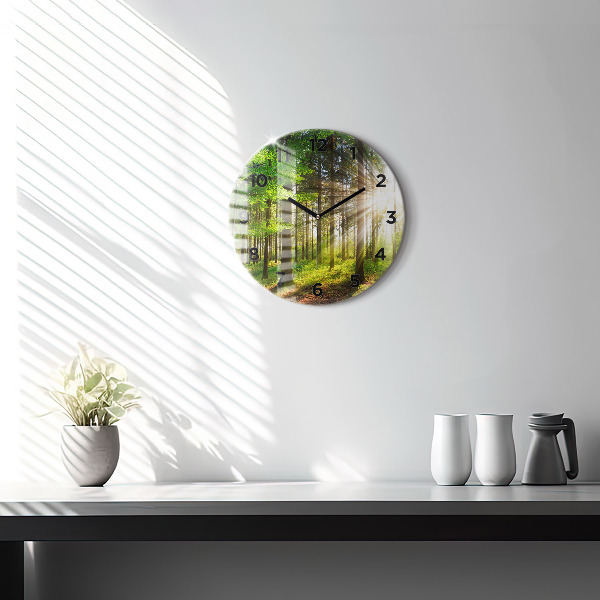 Round glass clock Forest sunrise