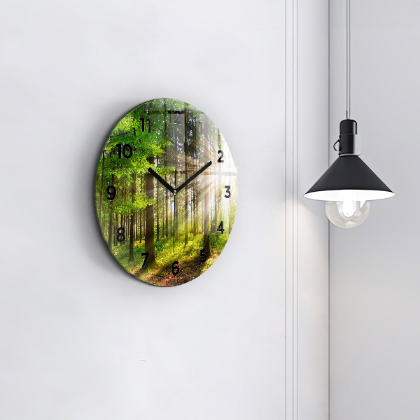 Round glass clock Forest sunrise