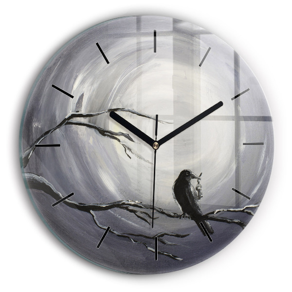 Round glass clock Raven in the moonlight