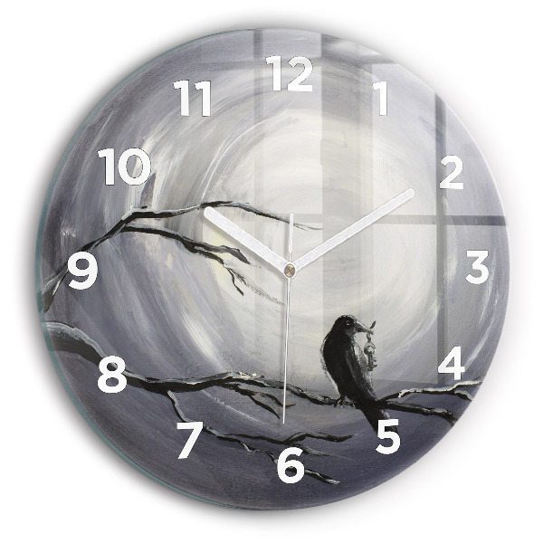Round glass clock Raven in the moonlight