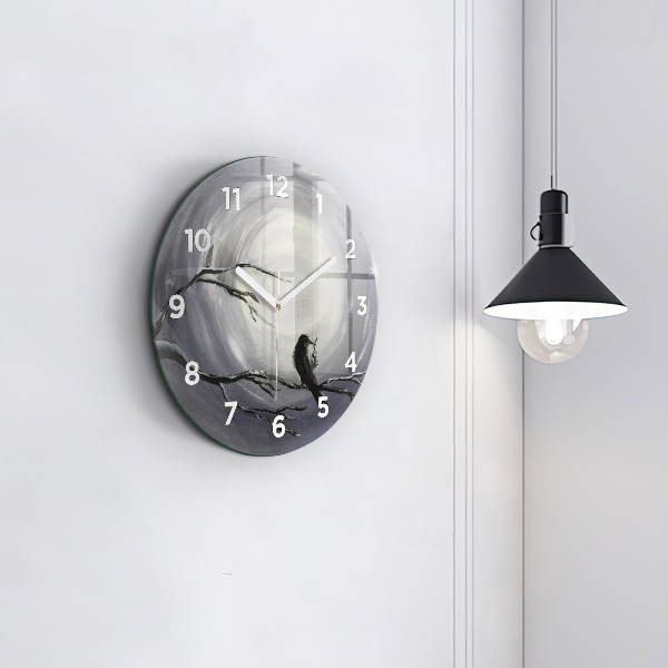 Round glass clock Raven in the moonlight