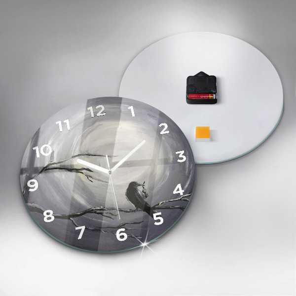 Round glass clock Raven in the moonlight