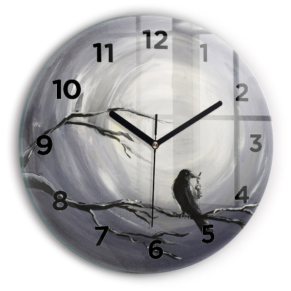 Round glass clock Raven in the moonlight