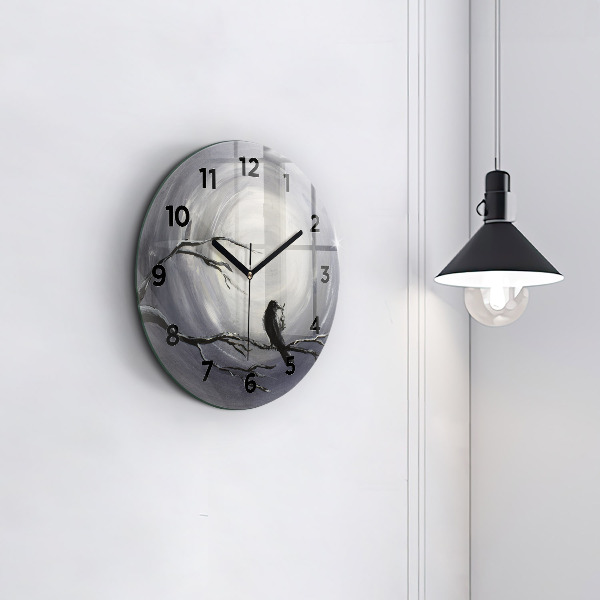Round glass clock Raven in the moonlight