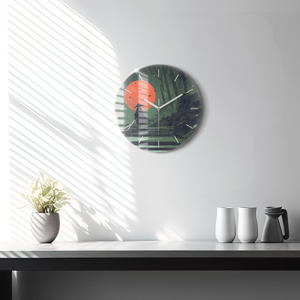 Round glass clock Samurai in the forest
