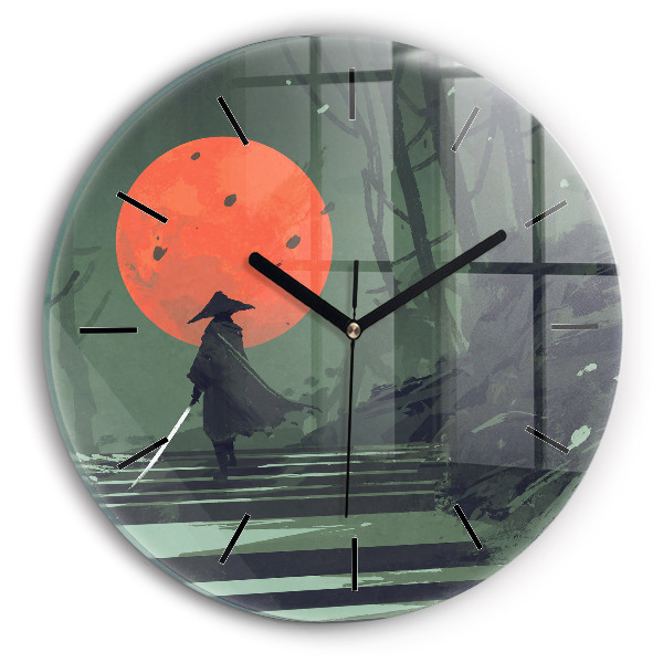 Round glass clock Samurai in the forest