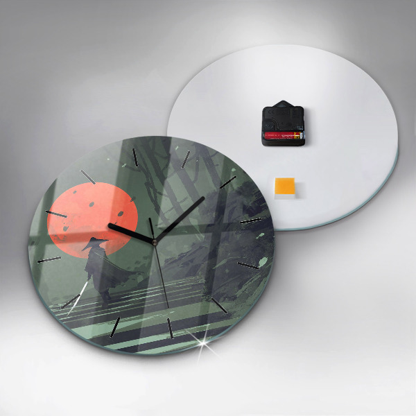 Round glass clock Samurai in the forest