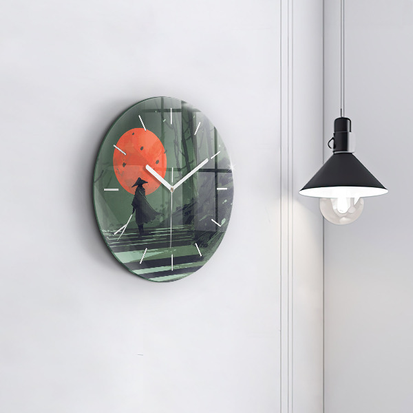 Round glass clock Samurai in the forest