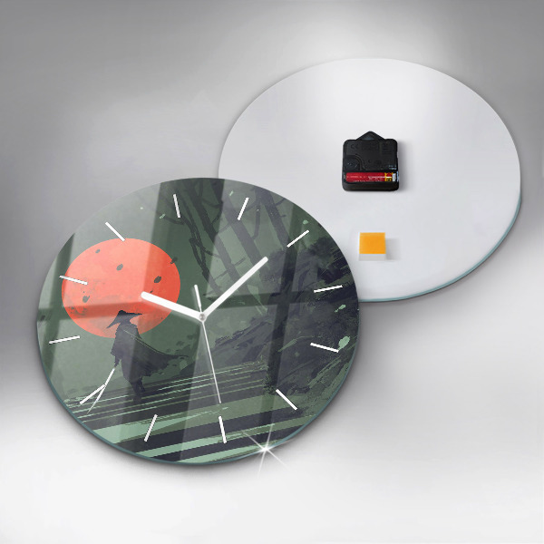 Round glass clock Samurai in the forest