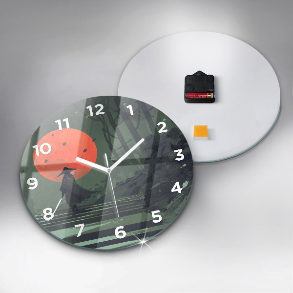 Round glass clock Samurai in the forest