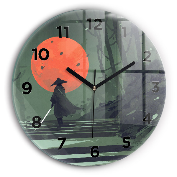Round glass clock Samurai in the forest