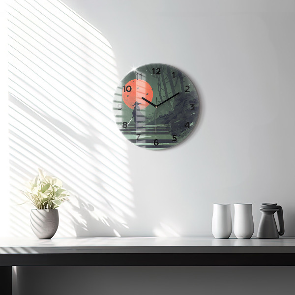 Round glass clock Samurai in the forest