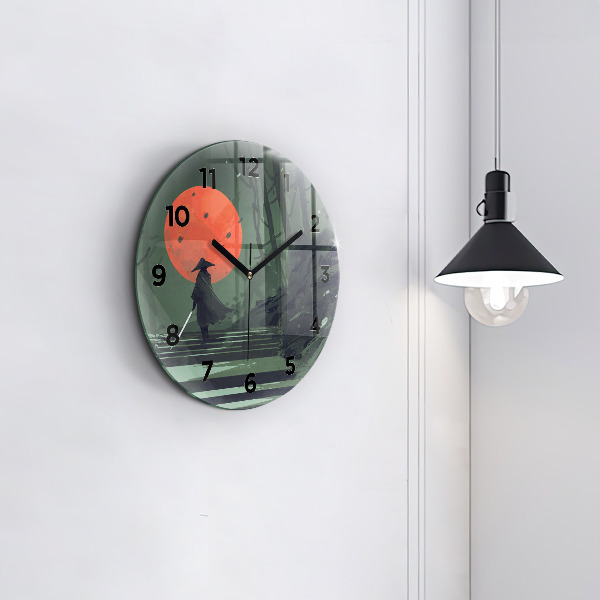 Round glass clock Samurai in the forest