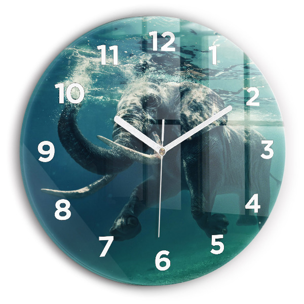 Round glass clock Swimming elephant in the ocean