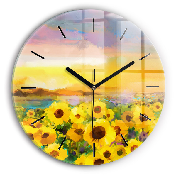 Round glass clock Sunflower Field