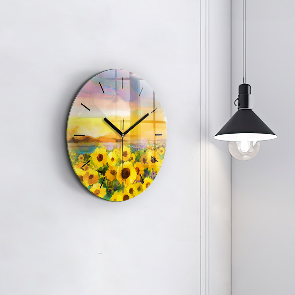 Round glass clock Sunflower Field
