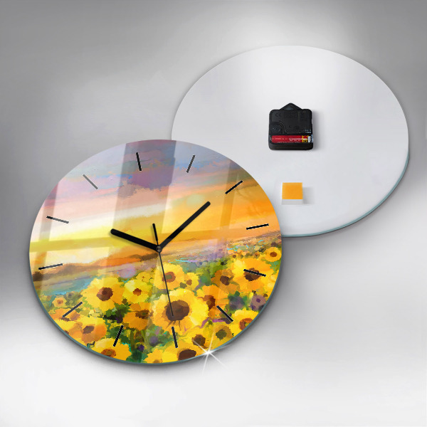 Round glass clock Sunflower Field