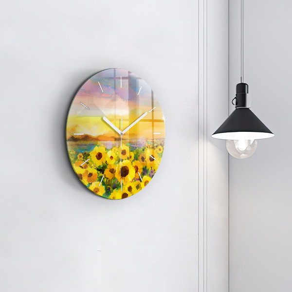 Round glass clock Sunflower Field