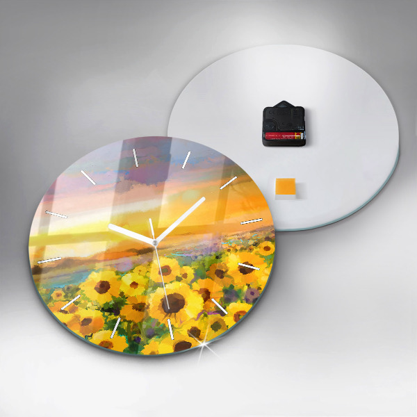 Round glass clock Sunflower Field