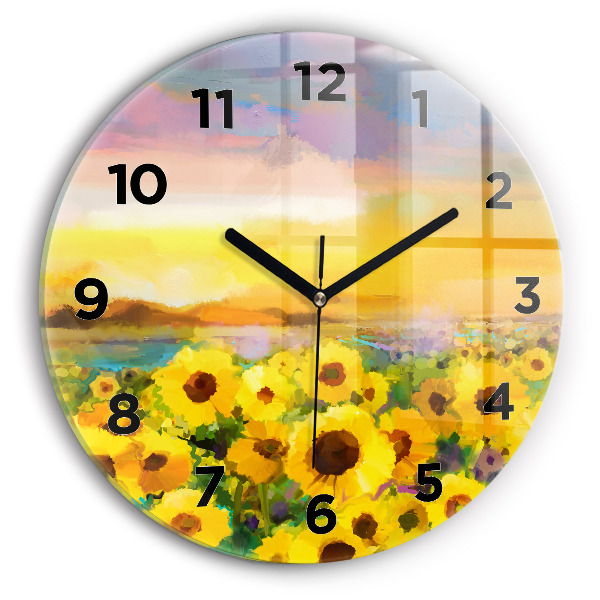 Round glass clock Sunflower Field