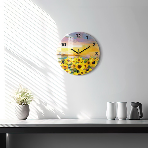Round glass clock Sunflower Field
