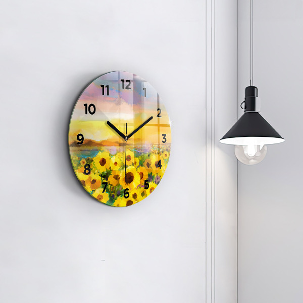 Round glass clock Sunflower Field
