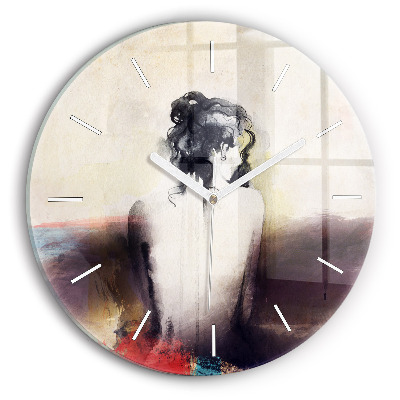Round glass clock Abstract portrait of a woman